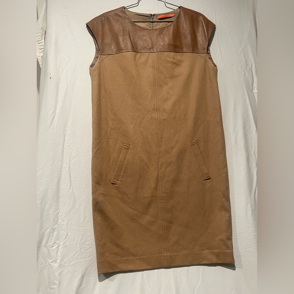 Sinclaire Size 10 Brown Wool Cotton Dress Lamb Leather Shoulder Panel Pockets
